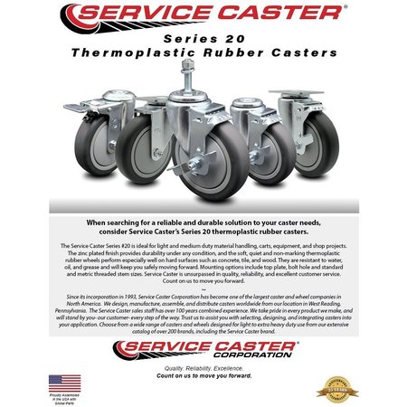 Service Caster 35 Inch Thermoplastic  Rubber Wheel Swivel 58 Inch Threaded Stem Caster with Brake SCC SCC-TS20S3514-TPRB-TLB-58212